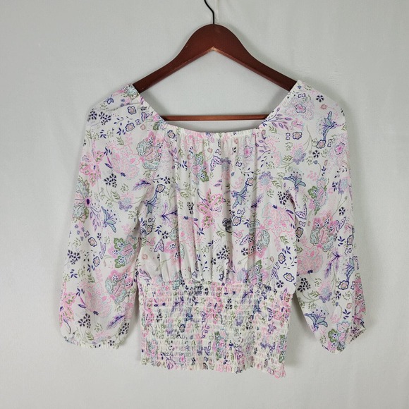 No Boundaries Juniors Blouse Size 1 Top White Floral‎ Long Sleeve Square Neck - Picture 2 of 11